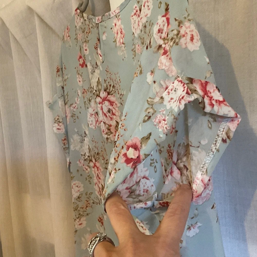 Floral Short Sleeve Blouse - Light Blue with Pink Floral - Picture 4 of 4